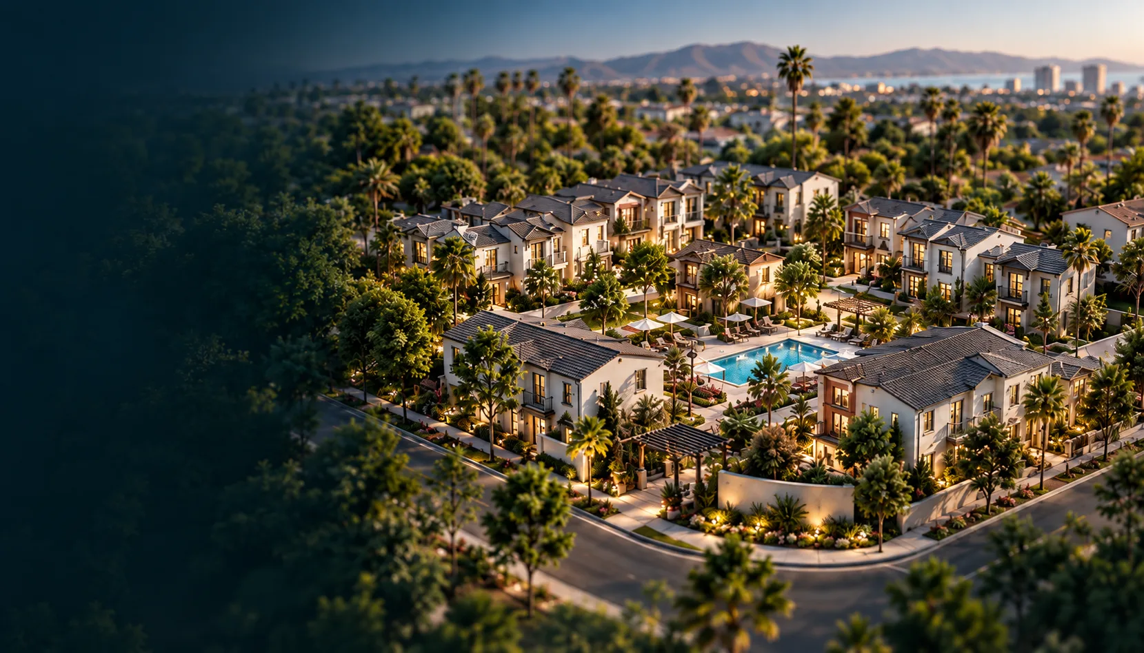 Illustrative Southern California community with landscaped courtyards and townhomes